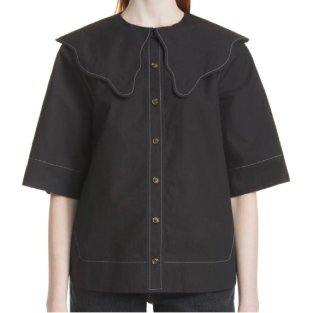 Ganni black short slv 100% organic cotton shirt with exaggerated collar size 12